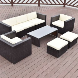 Rattan Sofa Set White Color 3+1+1+Table+2 Stool Black